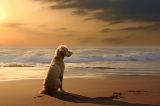 Dog sitting on the beach near sea or ocean. Generated AI.