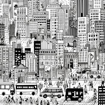 The black and white drawing depicts a cityscape filled with skyscrapers, bustling with cars and buses. Streetlights illuminate the busy streets as people go about their daily activities. Generative AI Doodle Illustration..