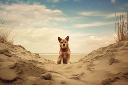 Dog sitting in the dunes. Generated AI.