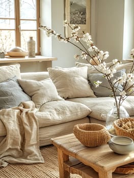 Cozy rustic living room interior with natural light and vintage decor.
