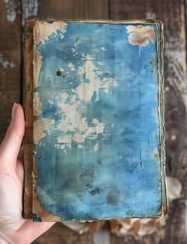 An individual is holding a vintage book with a rectangle shape and a blue cover made of electric blue material. The book features intricate art and paint details, with a font that adds to its charm