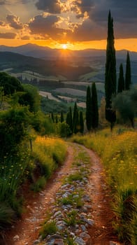 A dirt road cuts through a vibrant plant community in a lush green field at sunset, with the sky painted in hues of orange and pink