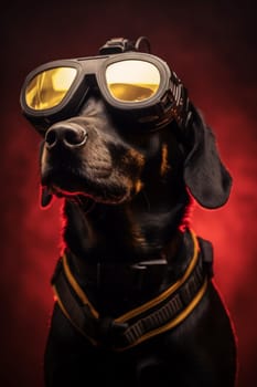 cool trendy posing dog with big sunglasses looking like a model , isolated on black and red background. Generated AI.
