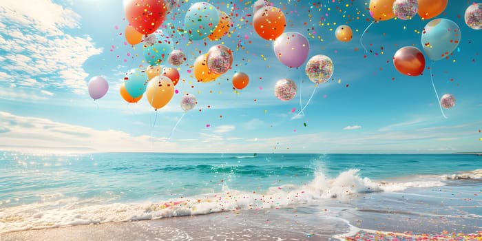 A bunch of azure balloons float in the sky above a beach, adding a splash of color to the natural landscape. The happy scene is reflected in the crystalclear aqua water below