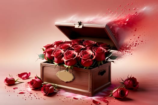 box with beautiful red roses .