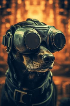 Dog wearing VR headset. Humorous virtual reality gaming concept. Generated AI.