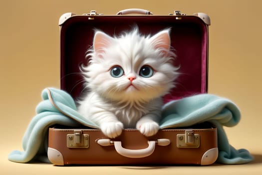 cute white kitten peeking out of a suitcase .