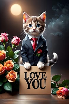 cute cat holding roses and a Love you sign .