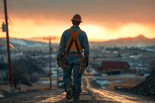 A man in a hard hat walks down a road. The sky is orange and the sun is setting