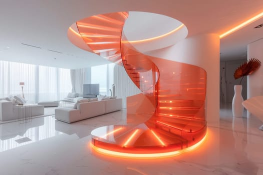 A spiral staircase in a white room with orange lighting. The staircase is made of glass and is surrounded by a white floor. The room has a modern and elegant feel to it