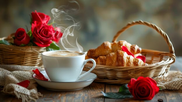 A basket of croissants and a cup of coffee with red roses on the table. The coffee is steaming and the croissants are golden brown. Concept of warmth and comfort