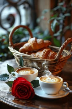 A basket of croissants and a cup of coffee sit on a table with a rose.
