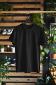 A black shirt hanging on a wooden hanger. The shirt is unbuttoned and has a collar