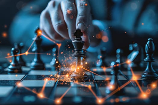 A man is playing chess and is about to move his king. The image has a mood of concentration and focus, as the man is intently looking at the board