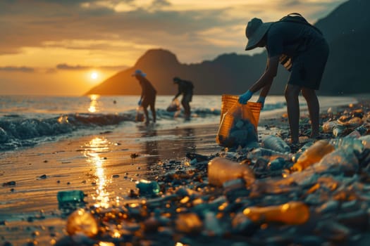 A man is picking up trash on the beach. The sun is setting in the background. Scene is somber and reflective, as the man is working to clean up the beach and the sun is setting