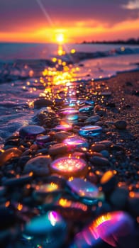 A beach scene with a long line of colorful rocks. The rocks are scattered across the beach, creating a beautiful and unique pattern. The colors of the rocks vary, with some being blue, green