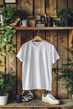 A white t-shirt is hanging on a hanger in front of a wooden shelf. The t-shirt is unbuttoned and the sleeves are rolled up. The scene is set in a room with a potted plant