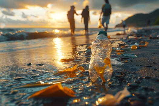 A bottle of water is on the beach with trash around it. The beach is empty and the sun is setting