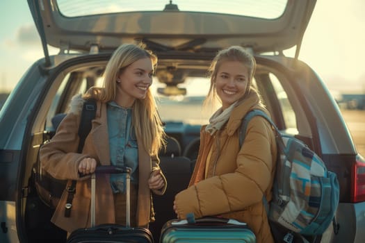 Two women are smiling and holding their luggage in a car. They seem to be excited about their trip