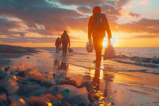 Three people are walking on a beach, carrying bags of trash. The sun is setting, casting a warm glow over the scene. Scene is somber, as the people are picking up litter from the beach