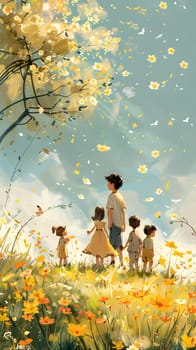A joyful family is depicted standing in a vibrant field of flowers amidst lush greenery and clear blue skies, blending harmoniously with the natural landscape