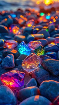 A beach scene with a long line of colorful rocks. The rocks are scattered across the beach, creating a beautiful and unique pattern. The colors of the rocks vary, with some being blue, green