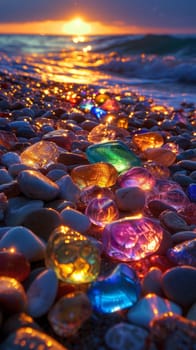 A beach scene with a long line of colorful rocks. The rocks are scattered across the beach, creating a beautiful and unique pattern. The colors of the rocks vary, with some being blue, green