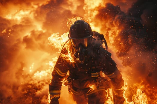 A firefighter is in the middle of a burning building. The fire is raging and the firefighter is wearing a gas mask