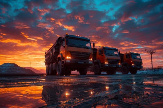 Three orange trucks are parked on a road in front of a beautiful sunset. The trucks are parked in a row, with the first one being the closest to the camera. The sunset in the background creates a warm