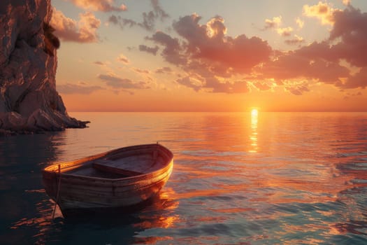 A small boat is floating in the ocean at sunset. The sky is filled with clouds and the sun is setting, creating a serene and peaceful atmosphere