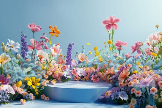 A blue background with a flower bed full of colorful flowers. The flowers are arranged in a way that creates a sense of depth and dimension. Scene is one of beauty and tranquility