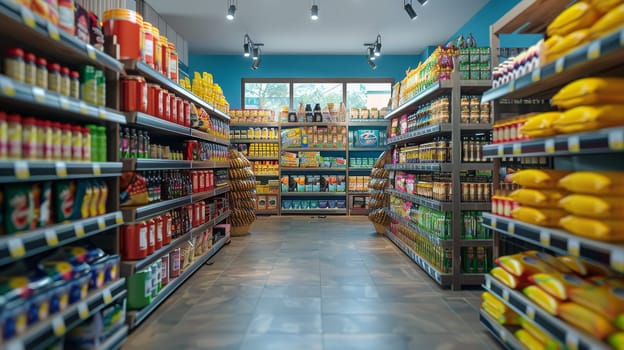 A large supermarket aisle with many products on the shelves. Scene is bright and inviting, with the bright blue walls and the abundance of products on display