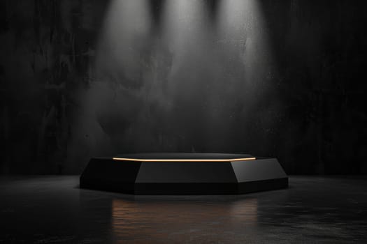 A stage with a spotlight on it. Scene is dramatic and intense