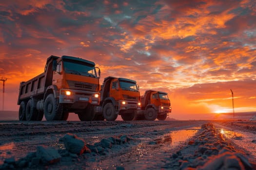 Three orange dump trucks are parked on a dirt road in front of a sunset. The sky is filled with clouds, creating a moody atmosphere