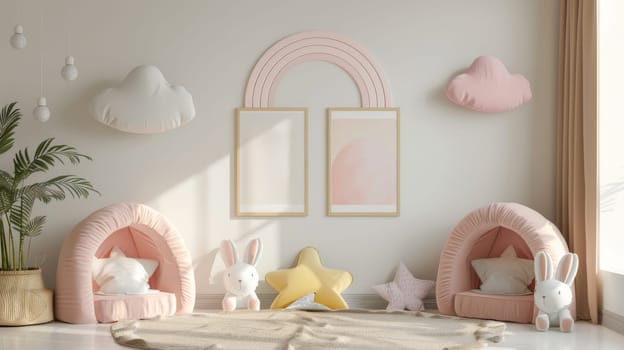 A room with a pink and white theme, featuring a pink and white star, a pink and white rabbit, and a pink and white cloud