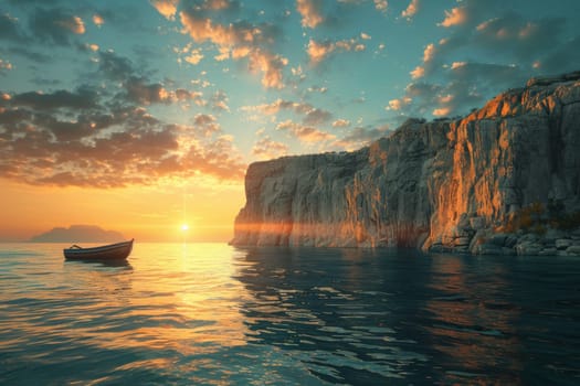 A boat is floating on the water near a rocky shore. The sky is a beautiful mix of orange and blue hues, creating a serene and peaceful atmosphere