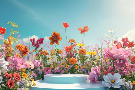 A beautiful field of flowers with a white pedestal in the middle. The flowers are in full bloom and the sky is clear and blue. Concept of peace and tranquility, as well as the beauty of nature