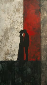 A couple kissing in front of a red brick wall painting. The vibrant magenta tint contrasts with the wood door and surrounding tree, creating a romantic scene in visual arts