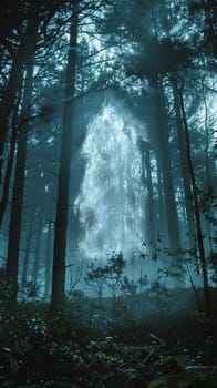 A forest with a large tree that is glowing in the dark. Scene is mysterious and eerie