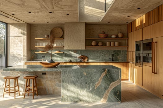A kitchen with a marble countertop and wooden cabinets. The countertop is surrounded by two stools and a bowl with a plant on it. The kitchen has a modern and minimalist design