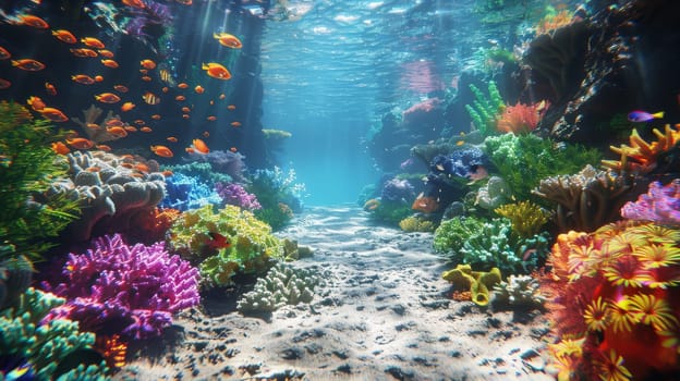 A colorful underwater scene with a path of coral and fish. Scene is peaceful and serene, as the vibrant colors of the coral and fish create a sense of calmness and tranquility