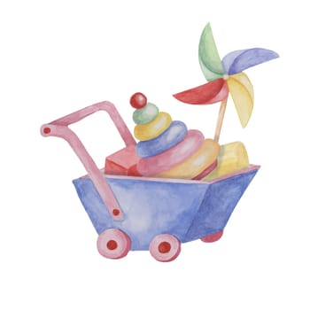 Toy wheelbarrow, stacking rings tower and pinwheel. Retro wind fan, wooden cart and pyramid puzzle. Kids play clipart watercolor illustration for sticker, postcard, invitation, baby shower, nursery