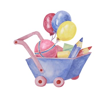 Toy wheelbarrow, crayons, beach ball and balloons. Retro play objects in wooden cart with building blocks clipart. Kids watercolor illustration for sticker, postcard, invitation, baby shower, nursery