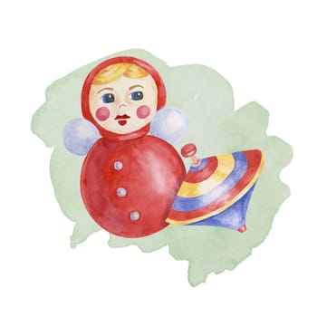 Humming top toy and roly-poly. Red tumbler doll and retro whirligig play objects clipart. Playthings watercolor illustration for kids party, sticker, postcard, invitation, baby shower, nursery decor