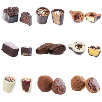 Collection of chocolate candy with cream filling isolated