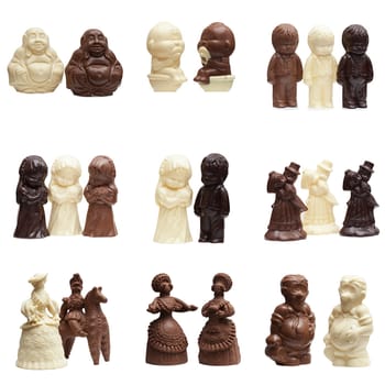Edible figures made of different kinds chocolate, isolated on white