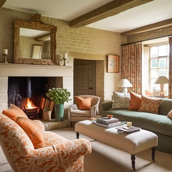 Cottage interior with modern design and antique furniture, home decor, sitting room and living room, sofa and fireplace in English country house and countryside style interiors