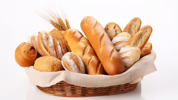 Basket with fresh bread on the table, on a white background, all inclusive, store. Fresh classic pastries. Delicious food concept, private bakery, small business, self-employed, small business in the city, cozy place for communication