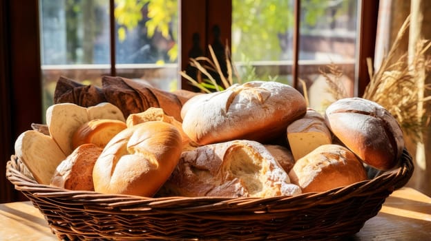A basket of fresh bread is on the table, on a wooden surface near the window. Fresh classic pastries. Delicious food concept, private bakery, small business, self-employed, small business in the city, cozy place for communication