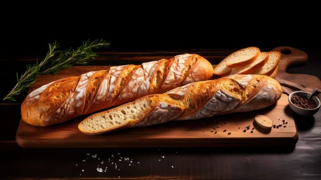 Fresh fragrant, still life with French baguettes from fresh bread poolish on a wooden cutting board and wheat.n. Fresh classic pastries. Delicious food private bakery, small business, self-employed, small business city, cozy place for communication